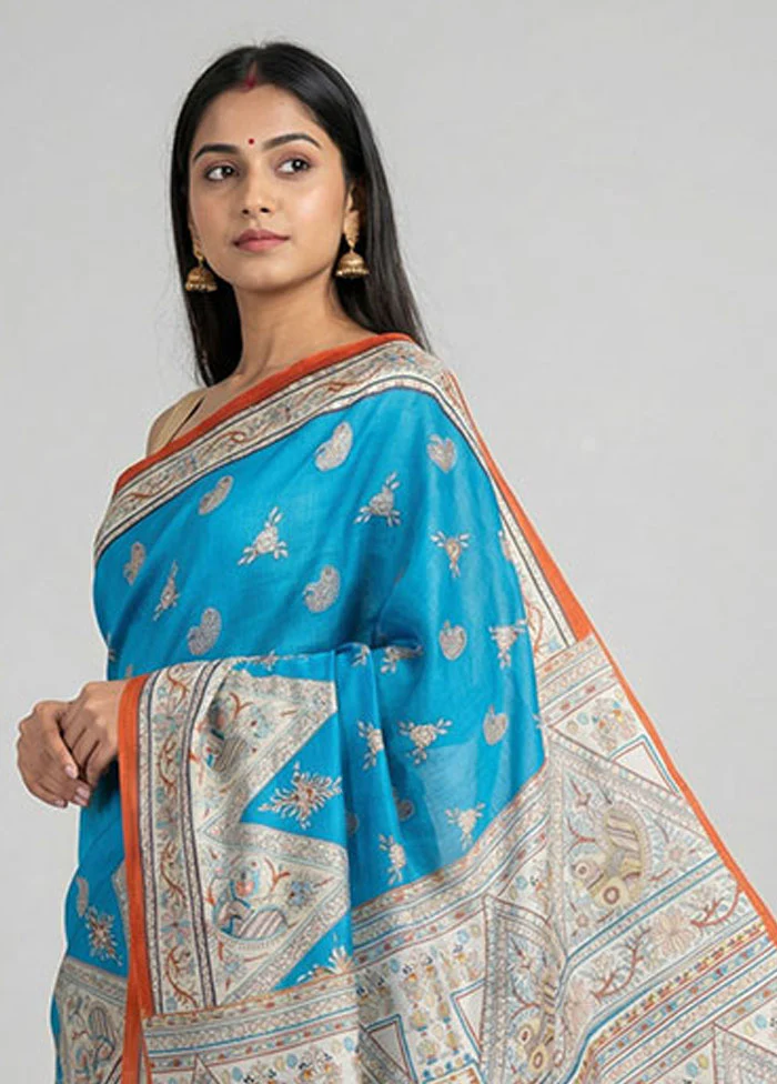 Blue Printed Silk Saree Without Blouse Piece - Image 2
