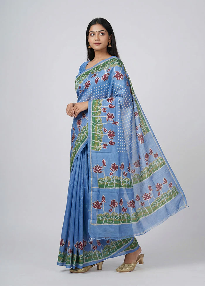 Blue Printed Pure Silk Saree Without Blouse Piece
