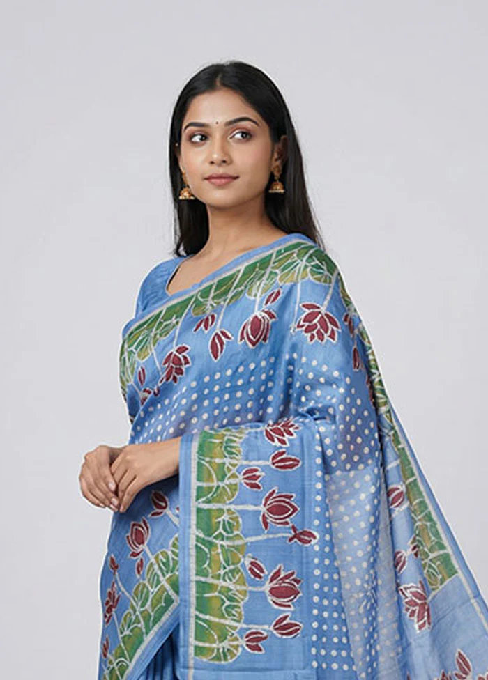 Blue Printed Pure Silk Saree Without Blouse Piece - Image 2