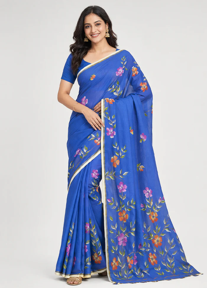 Blue Printed Pure Silk Saree Without Blouse Piece