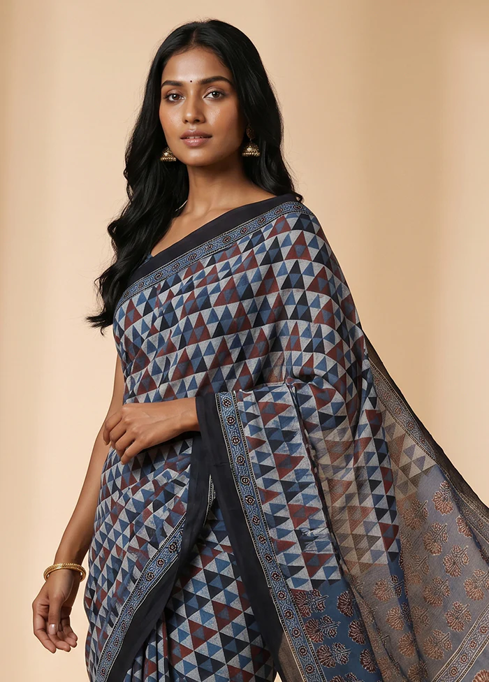 Blue Printed Pure Silk Saree Without Blouse Piece - Image 2
