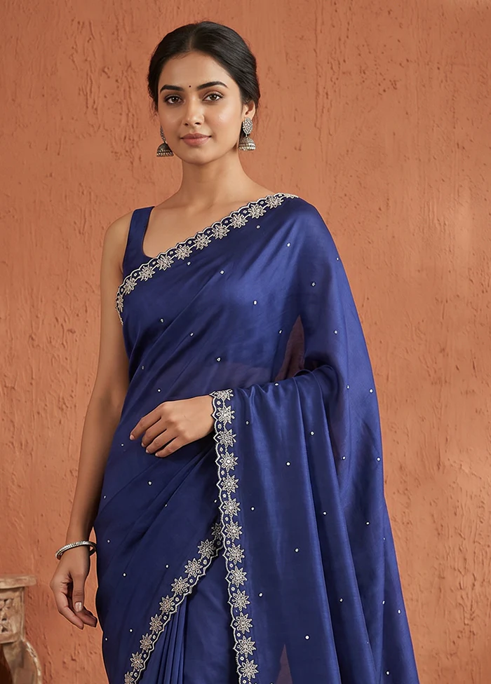Blue Printed Pure Silk Saree Without Blouse Piece - Image 2