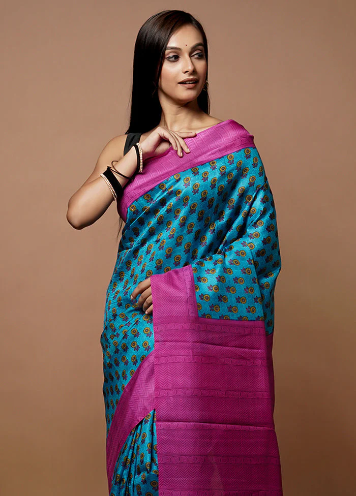 Blue Printed Silk Saree Without Blouse Piece