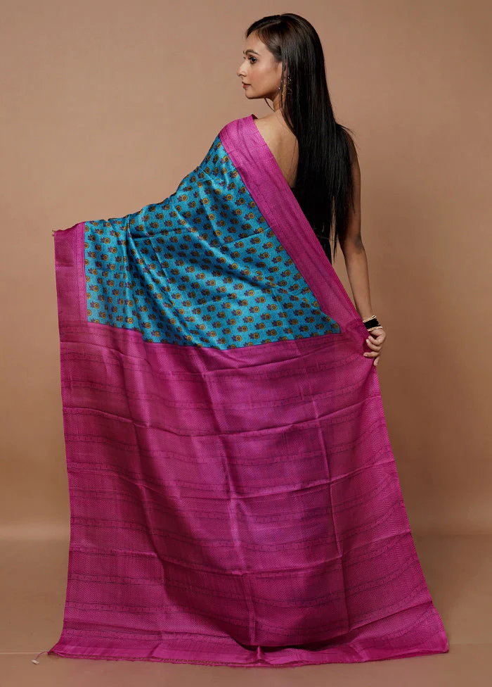 Blue Printed Silk Saree Without Blouse Piece - Image 3