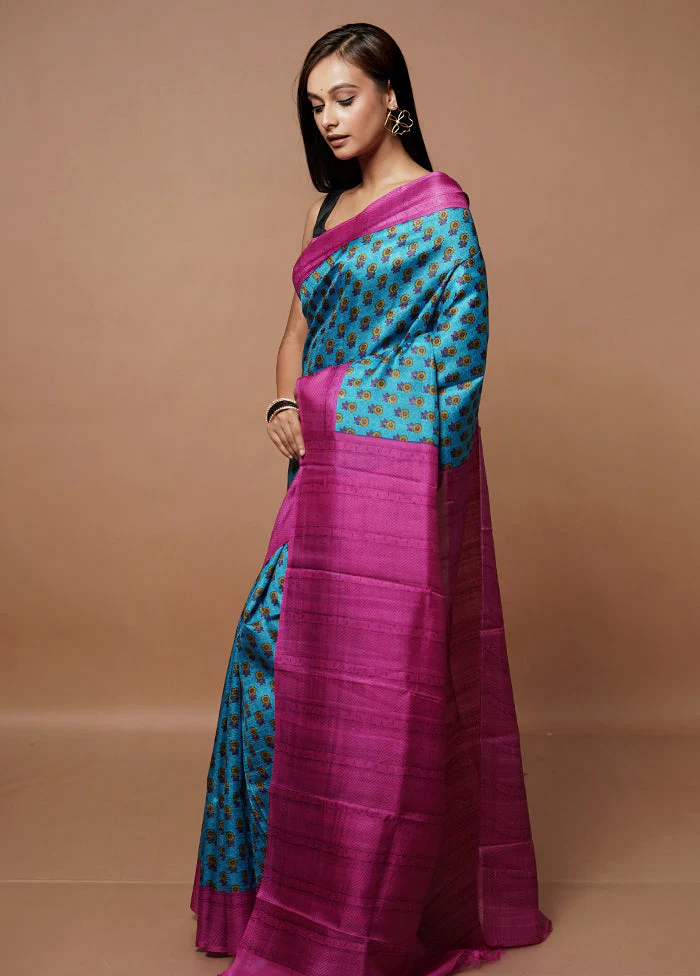 Blue Printed Silk Saree Without Blouse Piece - Image 4