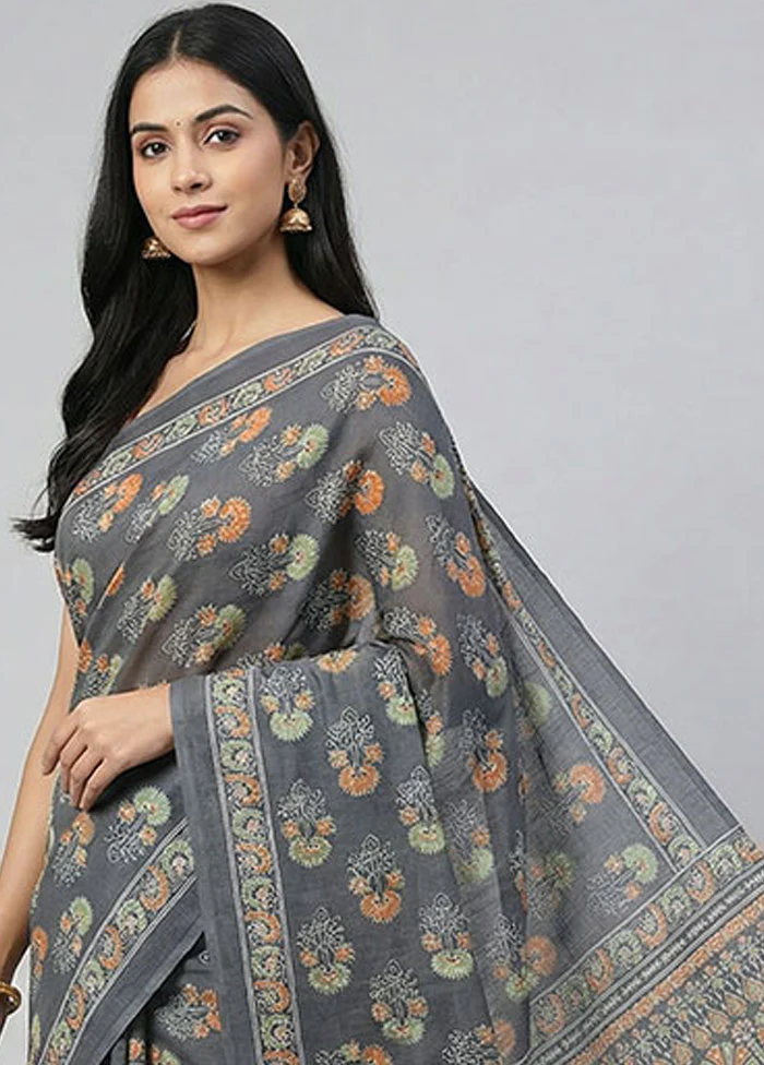Blue Printed Silk Saree Without Blouse Piece - Image 2
