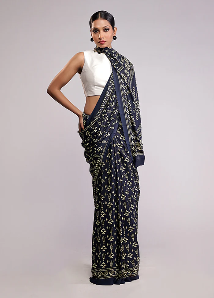 Blue Printed Silk Saree With Blouse Piece - Image 2