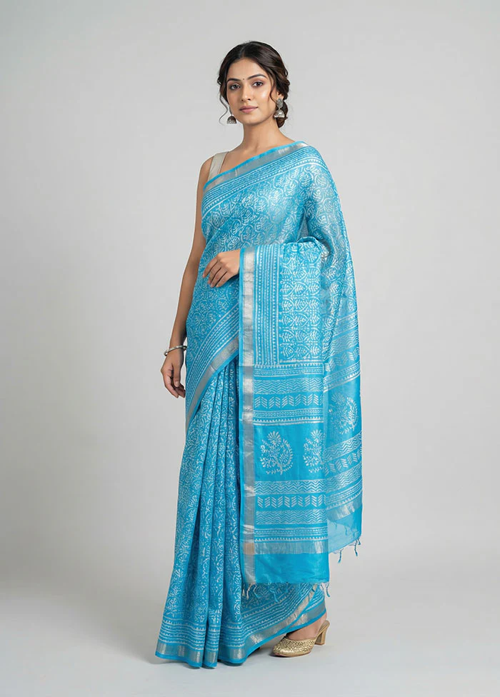 Blue Printed Silk Saree Without Blouse Piece