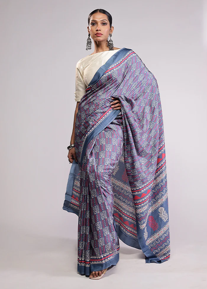Blue Printed Silk Saree Without Blouse Piece - Image 2