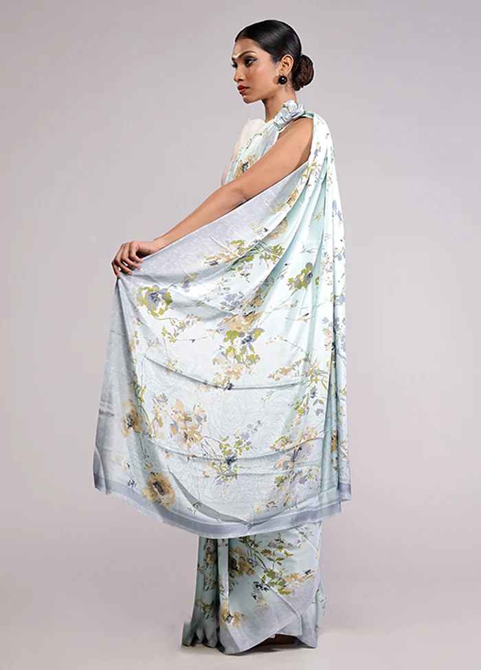 Blue Printed Silk Saree With Blouse Piece - Image 4