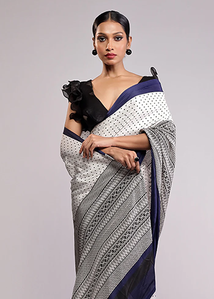 White Printed Silk Saree With Blouse Piece