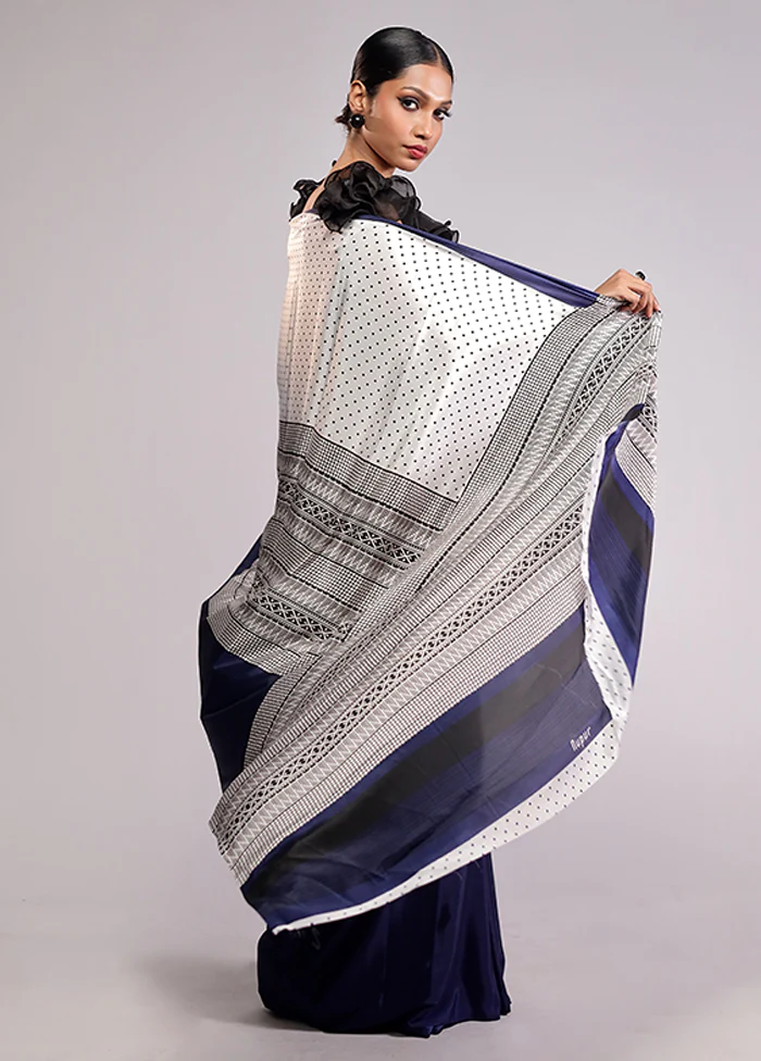 White Printed Silk Saree With Blouse Piece - Image 4
