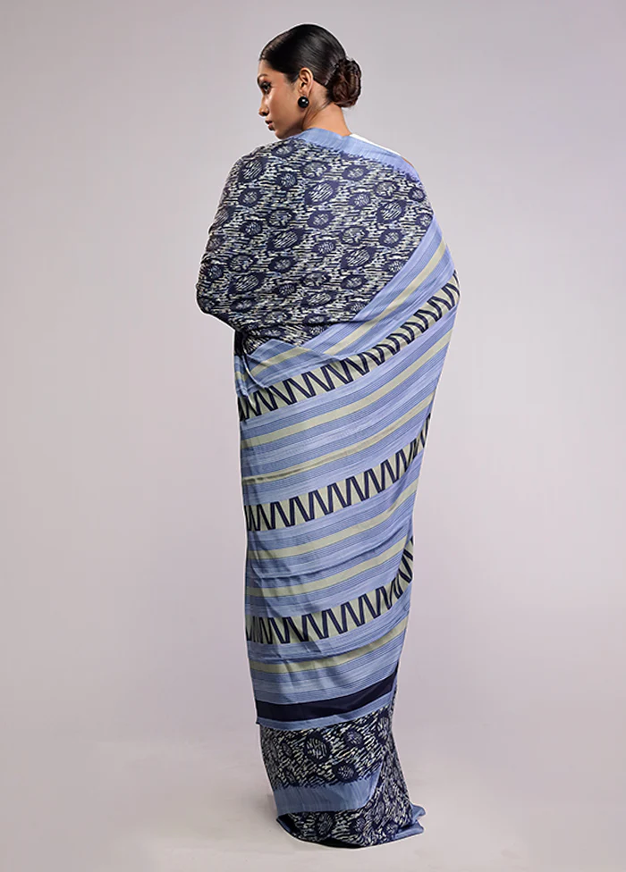 Blue Printed Silk Saree With Blouse Piece - Image 3