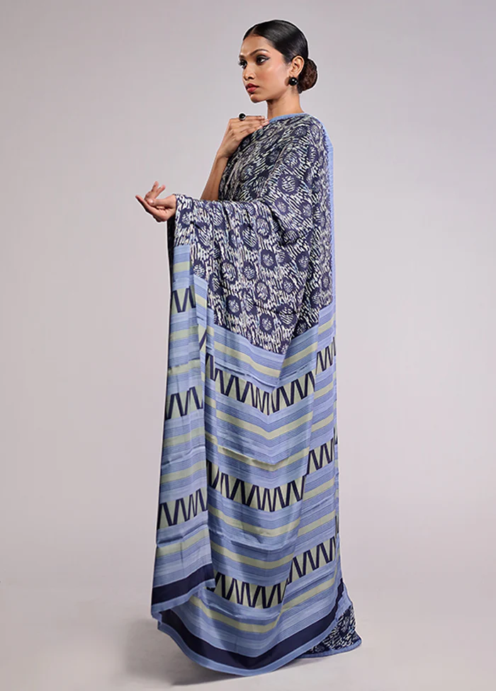 Blue Printed Silk Saree With Blouse Piece - Image 4