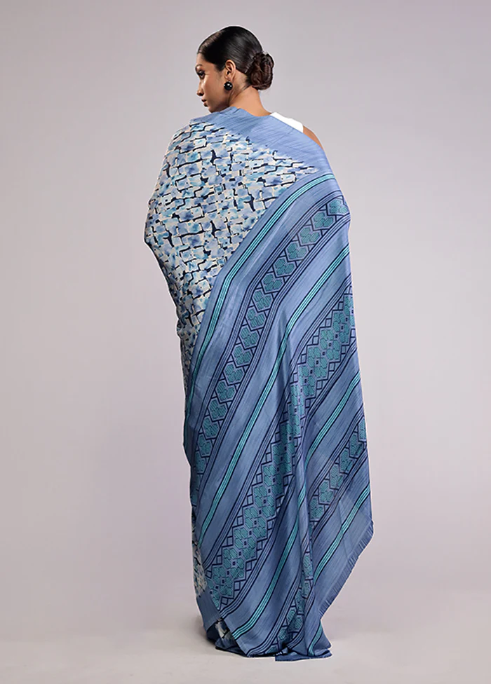 Blue Printed Silk Saree With Blouse Piece - Image 3