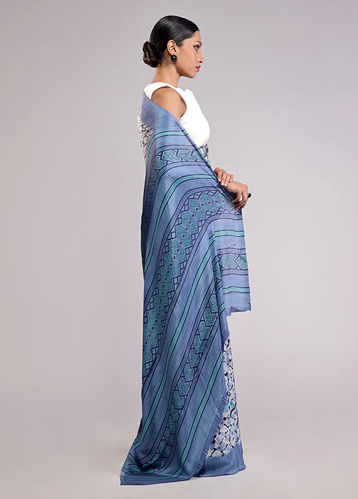 Blue Printed Silk Saree With Blouse Piece - Image 4
