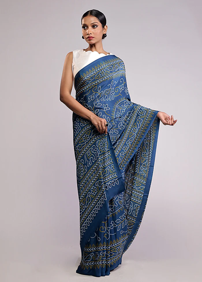 Blue Printed Silk Saree Without Blouse Piece - Image 2