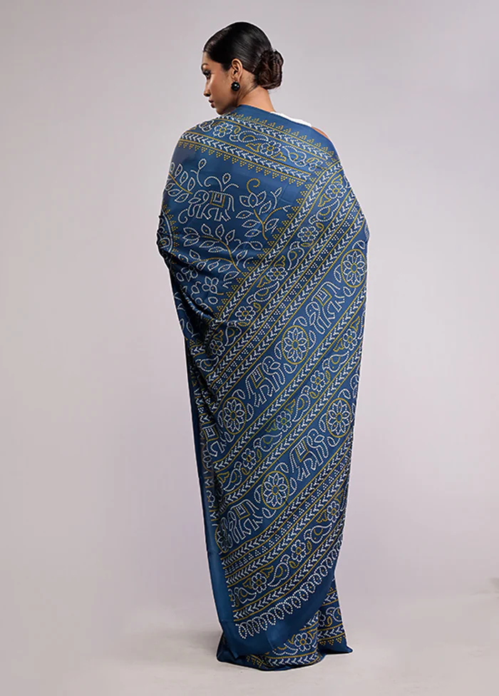 Blue Printed Silk Saree Without Blouse Piece - Image 3