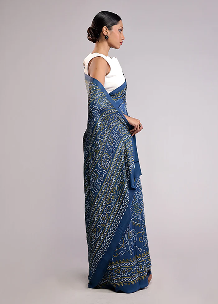 Blue Printed Silk Saree Without Blouse Piece - Image 4