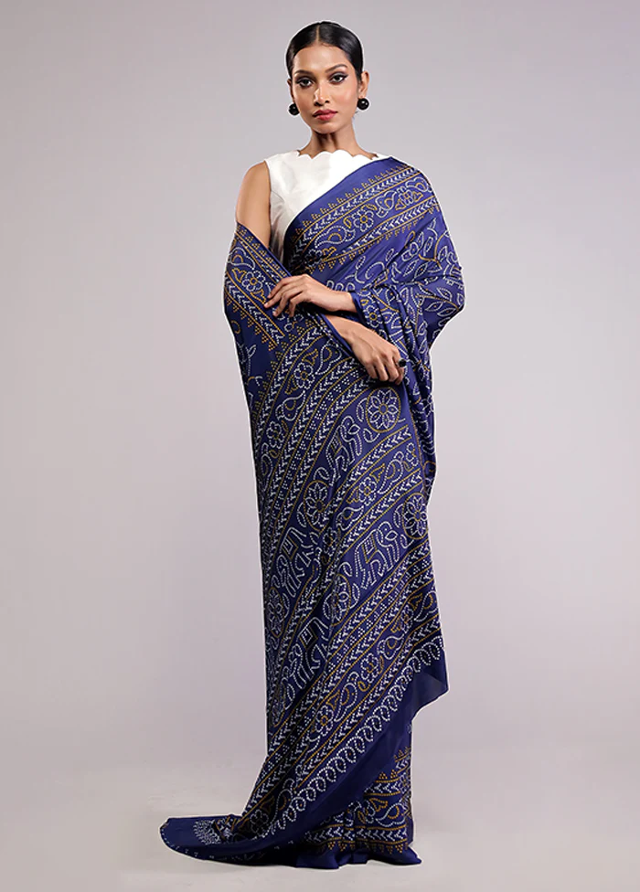 Blue Printed Silk Saree With Blouse Piece - Image 2