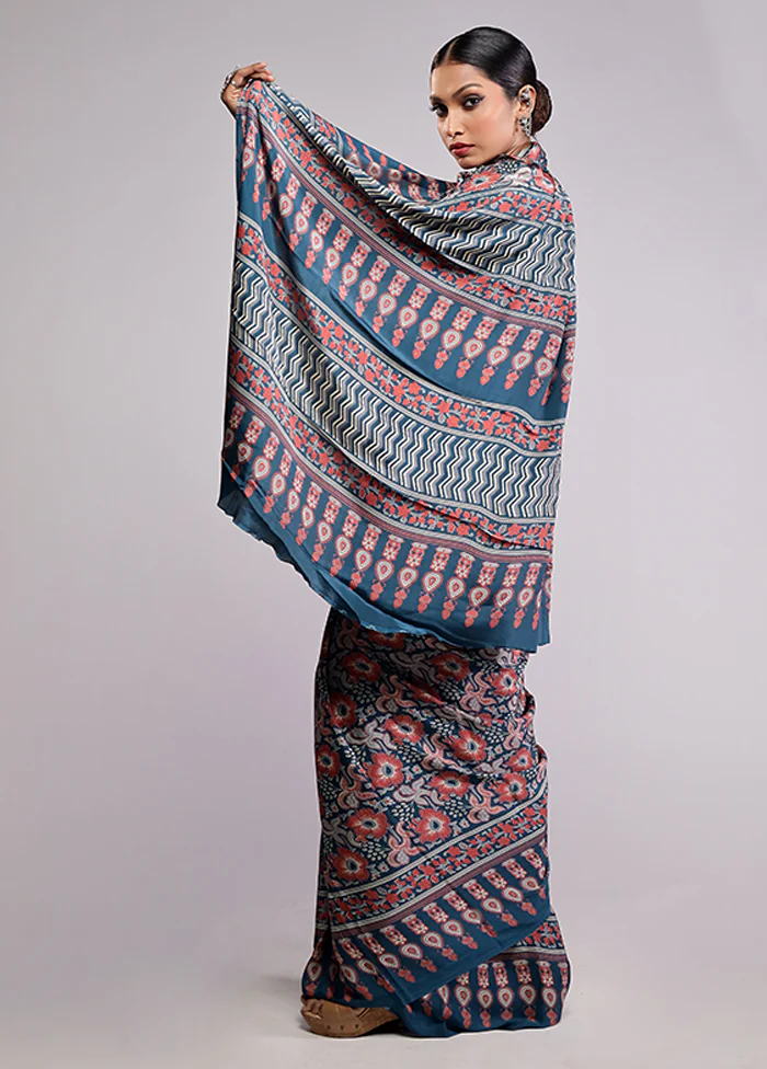 Blue Printed Silk Saree With Blouse Piece - Image 4