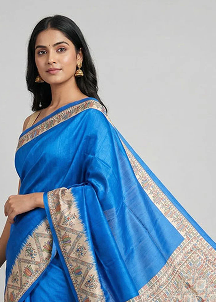 Blue Printed Silk Saree Without Blouse Piece - Image 2