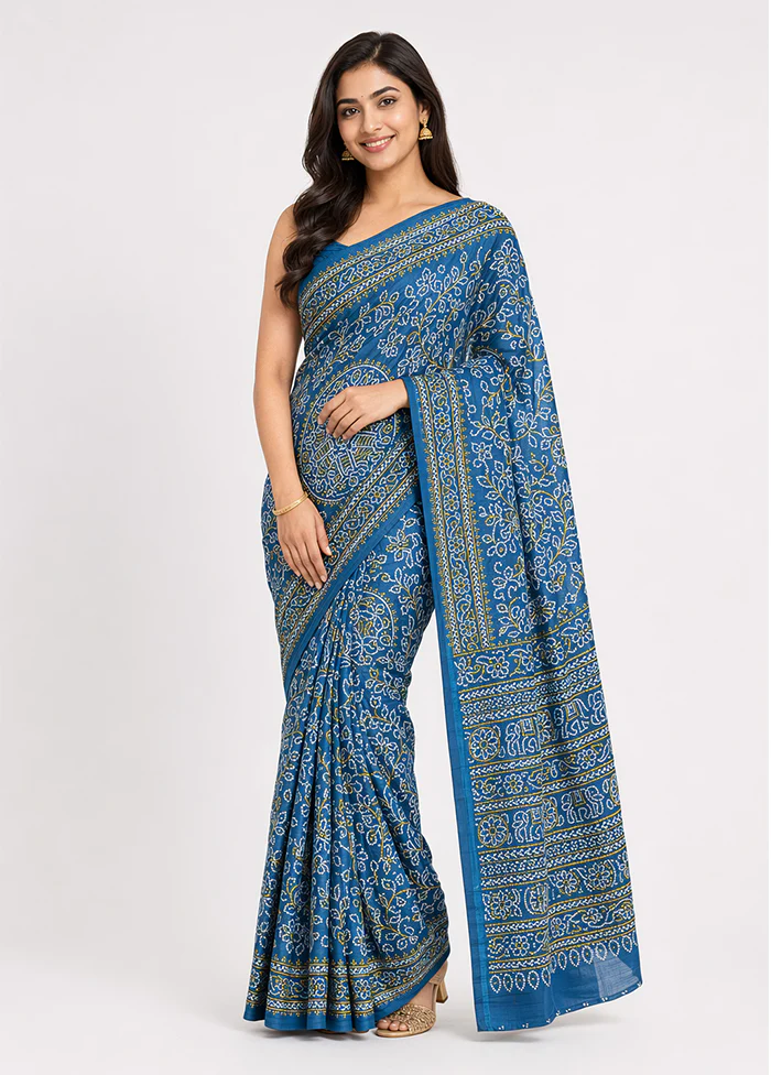 Blue Printed Silk Saree Without Blouse Piece