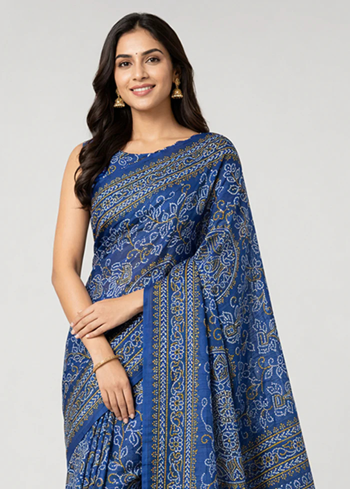 Blue Printed Silk Saree Without Blouse Piece - Image 2