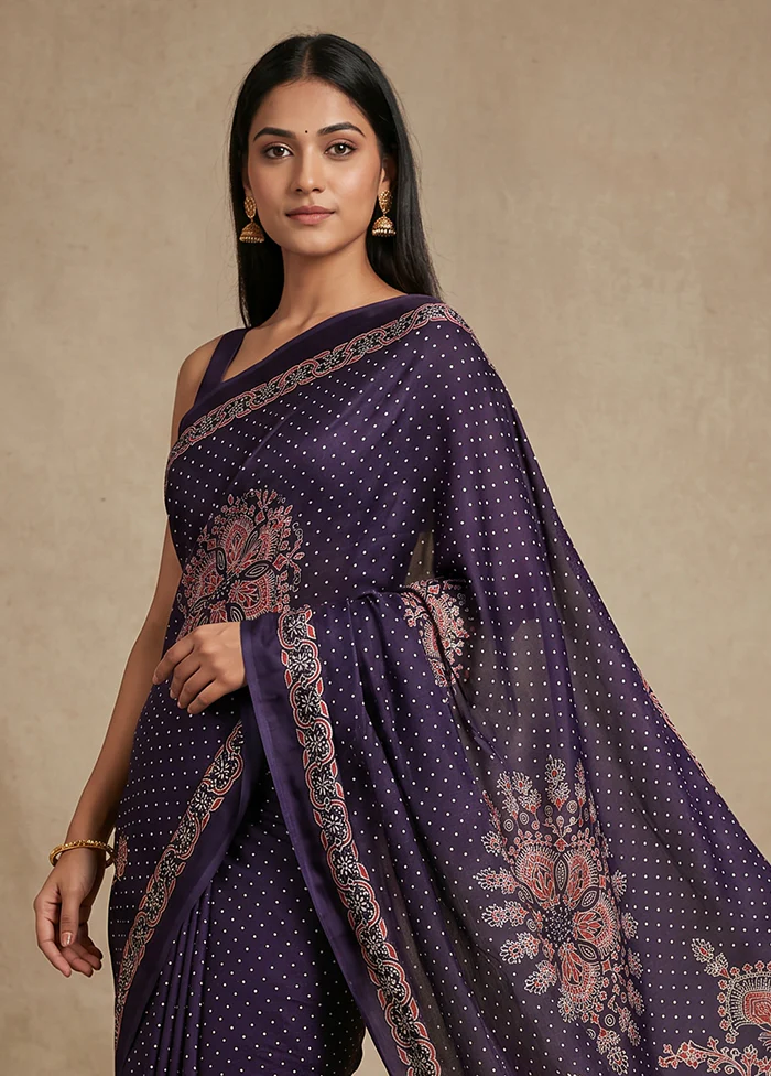 Blue Printed Silk Saree Without Blouse Piece - Image 2