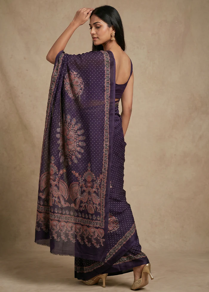 Blue Printed Silk Saree Without Blouse Piece - Image 3