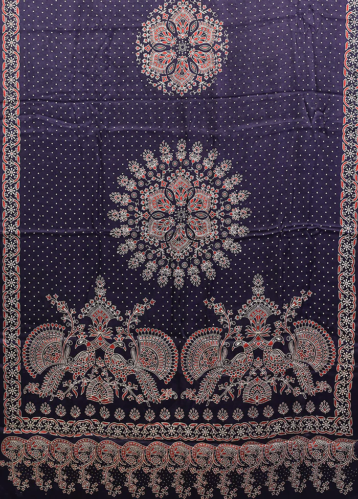 Blue Printed Silk Saree Without Blouse Piece - Image 4