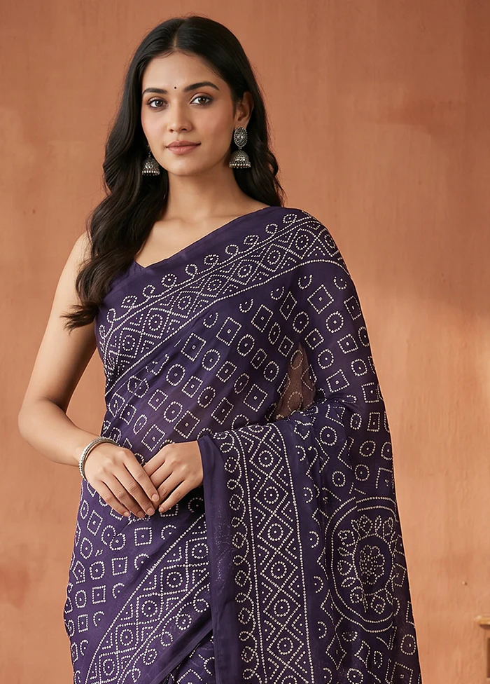 Blue Printed Silk Saree Without Blouse Piece - Image 2
