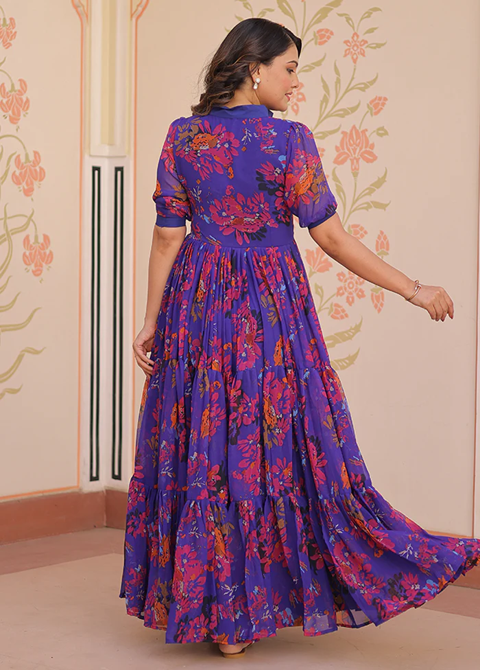 Blue Printed Work Georgette Gown - Image 3