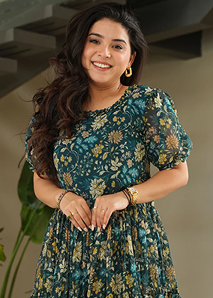 Blue Printed Work Georgette Kurti - Image 2
