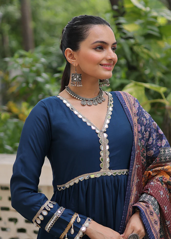 Blue Printed Work Silk Gown With Dupatta Set - Image 2