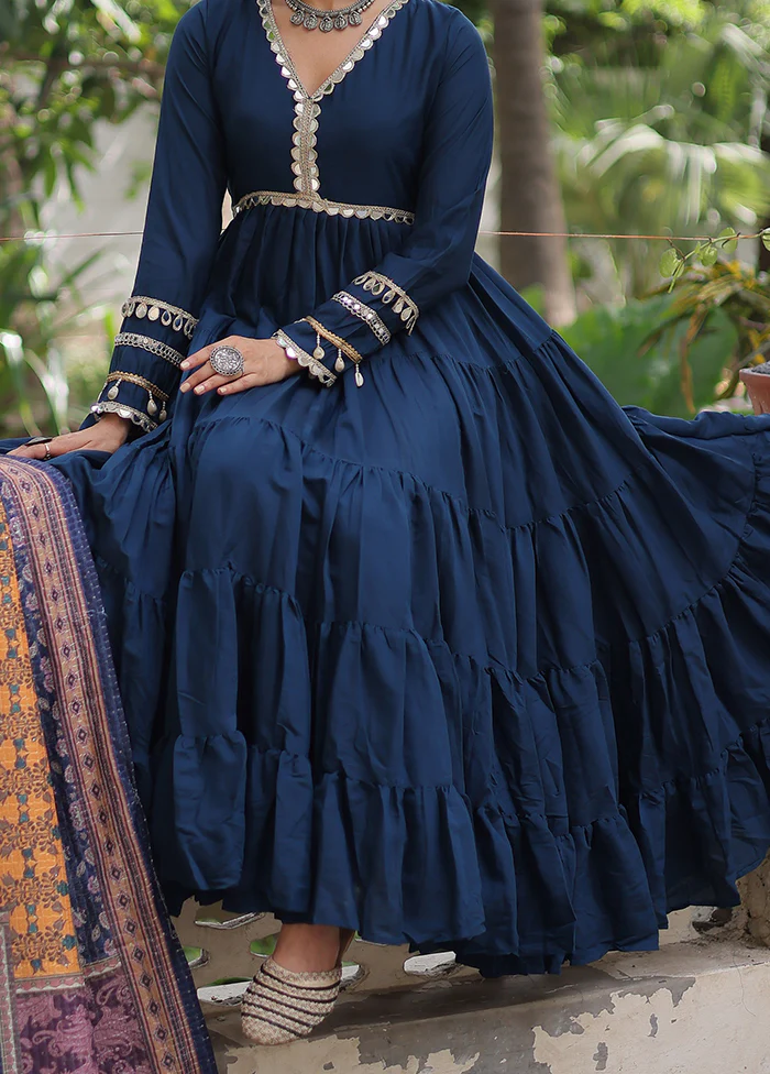 Blue Printed Work Silk Gown With Dupatta Set - Image 3