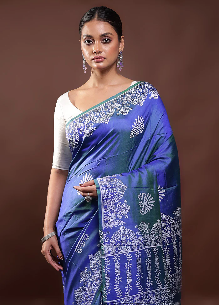 Blue Pure Bishnupuri Silk Saree Without Blouse Piece - Image 2