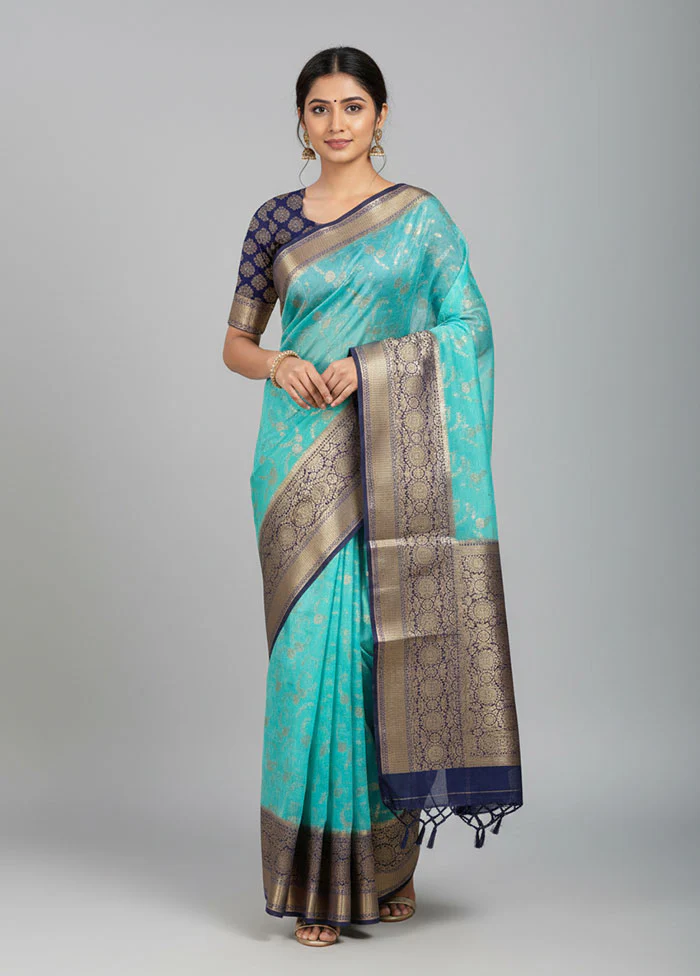 Blue Pure Cotton Saree With Blouse Piece