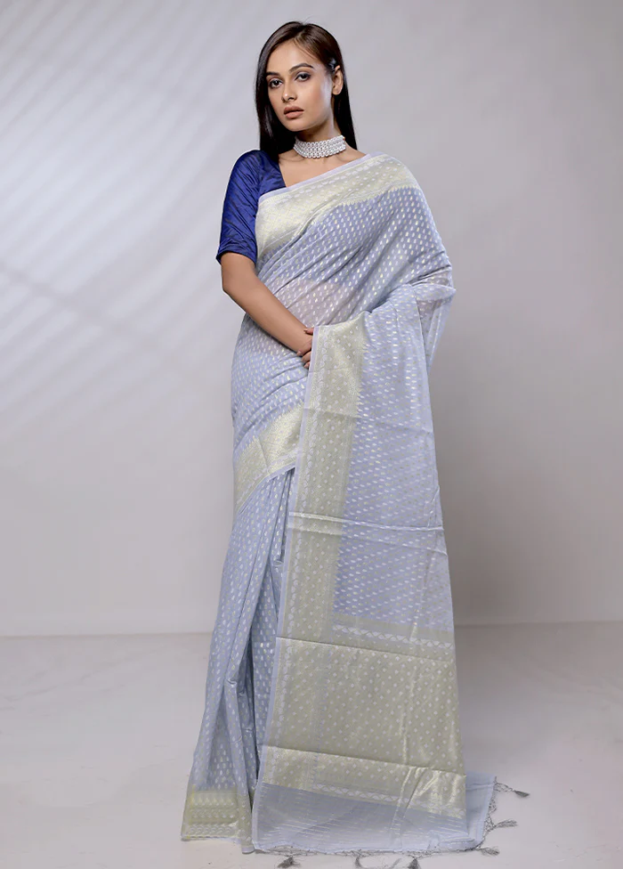 Blue Pure Cotton Saree With Blouse Piece - Image 2