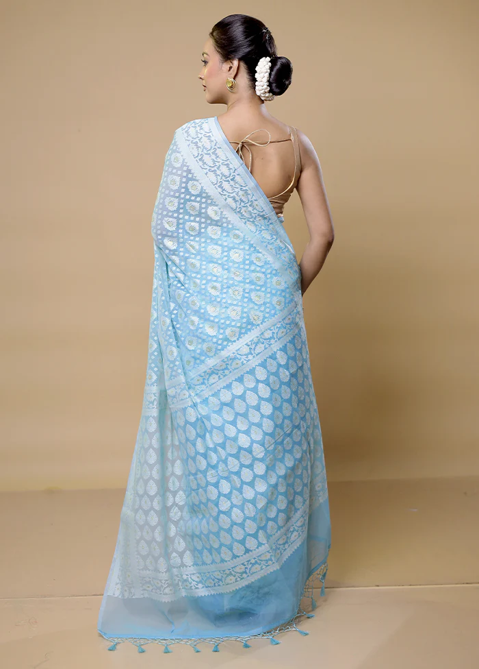 Blue Pure Cotton Saree With Blouse Piece - Image 3