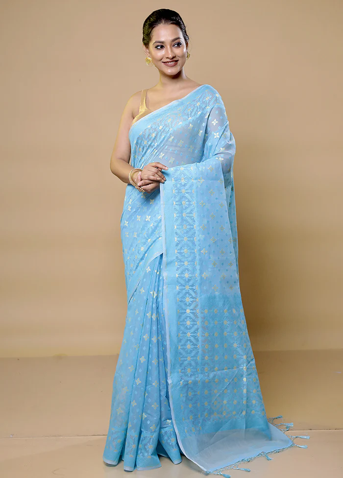 Blue Pure Cotton Saree With Blouse Piece - Image 2