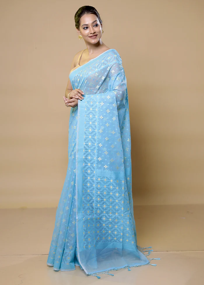 Blue Pure Cotton Saree With Blouse Piece - Image 4