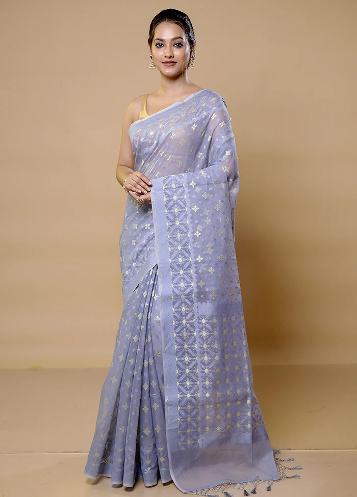 Blue Pure Cotton Saree With Blouse Piece - Image 2