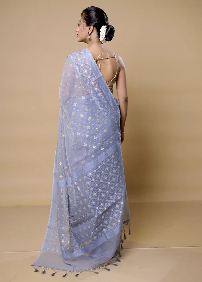 Blue Pure Cotton Saree With Blouse Piece - Image 3