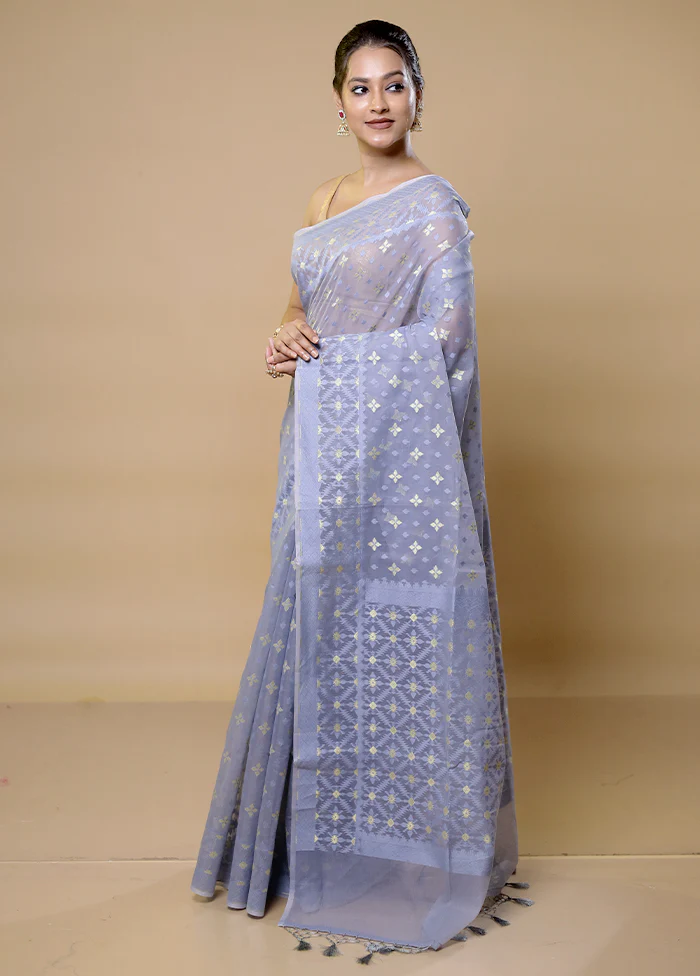 Blue Pure Cotton Saree With Blouse Piece - Image 4
