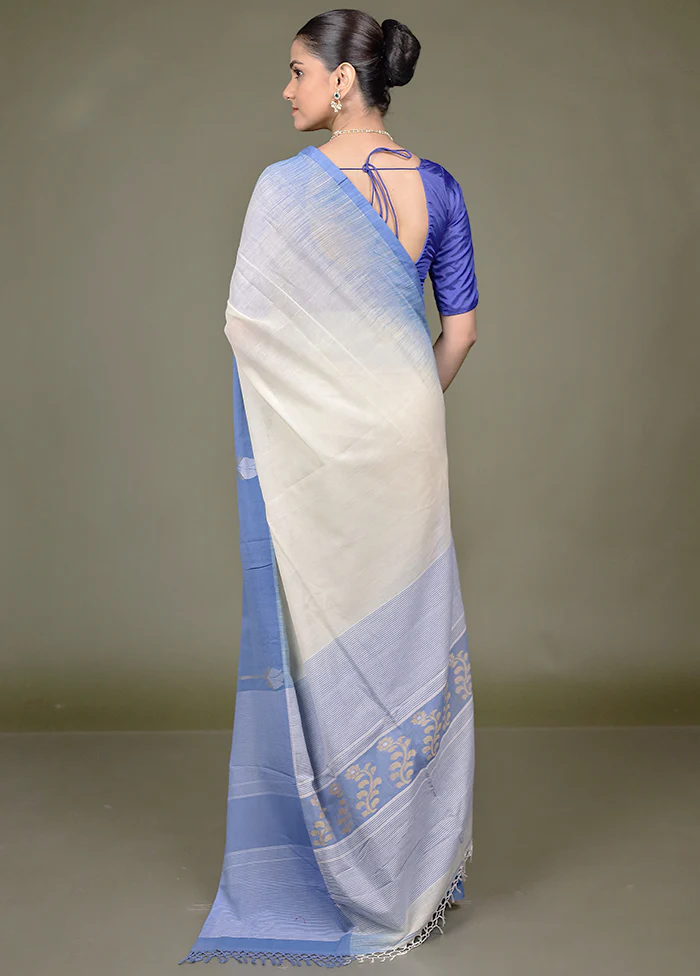 Cream Pure Cotton Saree With Blouse Piece - Image 3