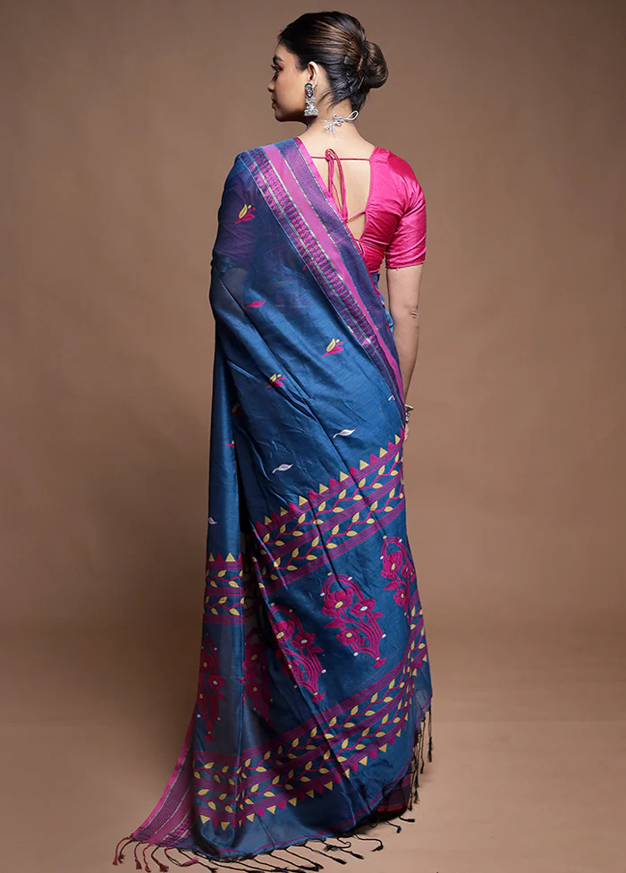 Blue Pure Cotton Saree With Blouse Piece - Image 3