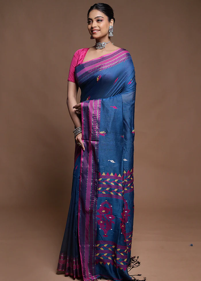 Blue Pure Cotton Saree With Blouse Piece - Image 4