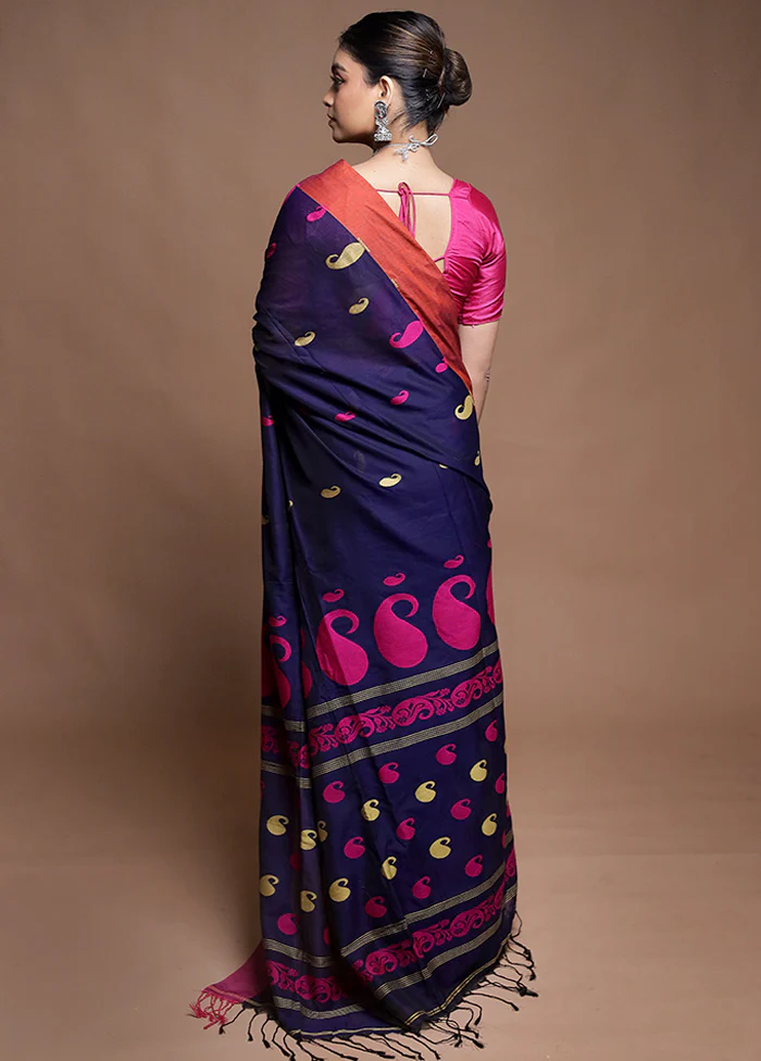 Blue Pure Cotton Saree With Blouse Piece - Image 3