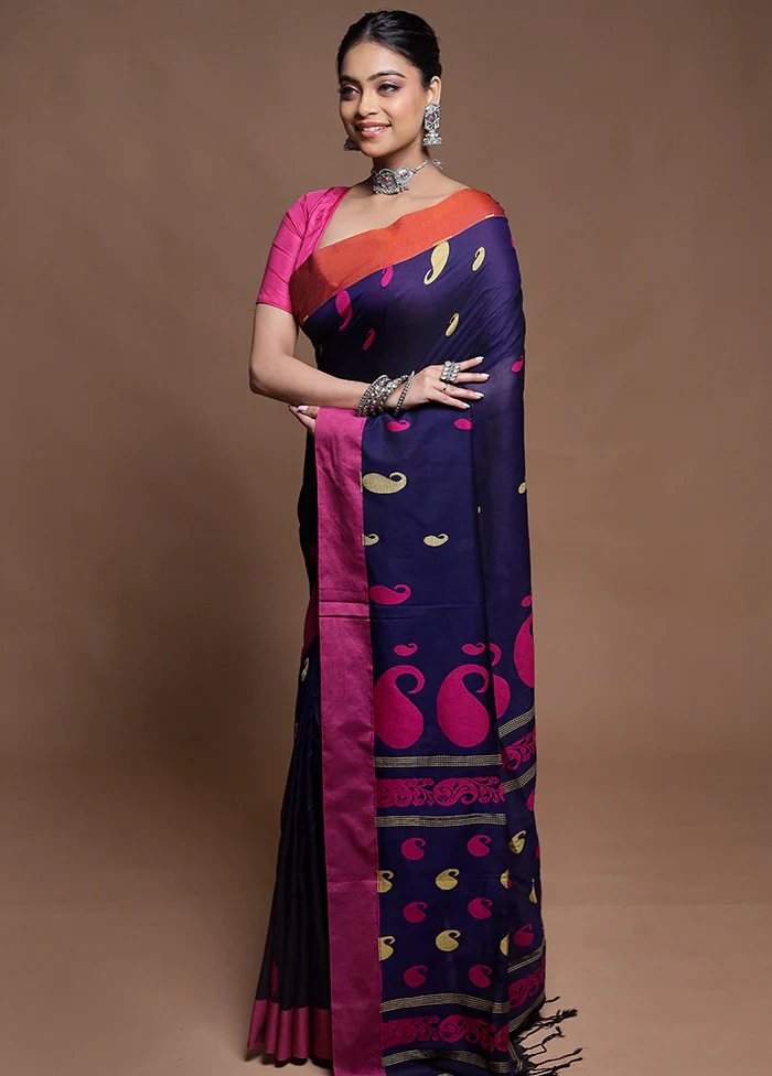 Blue Pure Cotton Saree With Blouse Piece - Image 4